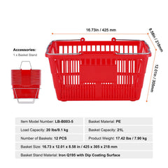 Shopping Basket, Set of 12, 21L Durable Plastic Grocery Basket with Metal Handle and Stand, 425 x 305 x 218 mm Portable Shop Basket Bulk Used for Retail Store Supermarket Grocery Shopping, Red