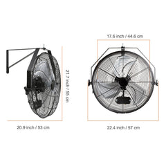 Industrial Wall Mount Fan Waterproof Metal Fan 17.6'' 3 Speed Airflow