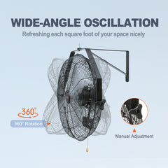 Industrial Wall Mount Fan Waterproof Metal Fan 17.6'' 3 Speed Airflow