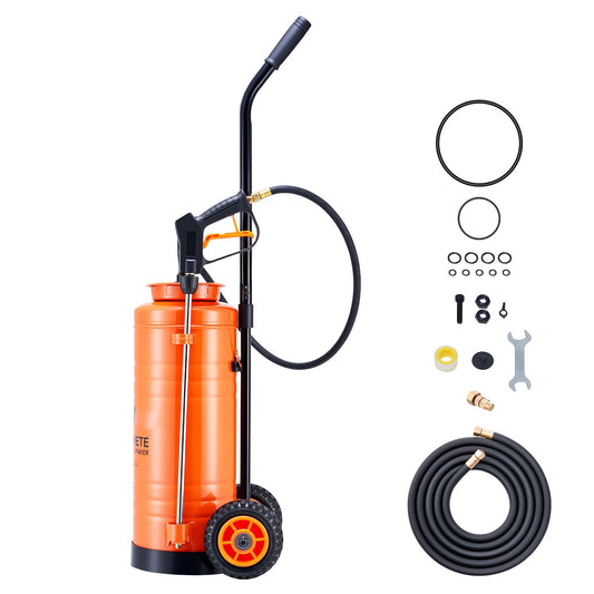 Industrial Concrete Sprayer with Wheeled Cart, 14L Stainless Steel Sprayer, Heavy Duty Tri-Poxy Pump Sprayers, 52cm Wand, 1.2m & 3m Hoses, 2 Brass Nozzles for Construction, Lawn & Garden