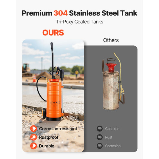 Industrial Concrete Sprayer with Wheeled Cart, 14L Stainless Steel Sprayer, Heavy Duty Tri-Poxy Pump Sprayers, 52cm Wand, 1.2m & 3m Hoses, 2 Brass Nozzles for Construction, Lawn & Garden