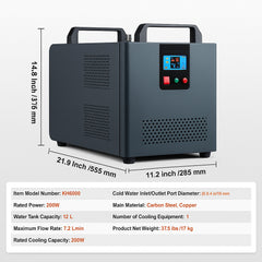 Industrial Water Chiller, KH-6000, 200W Industrial Water Cooler Cooling System with Compressor 12 L Water Tank Capacity 7.8 L/min Max Flow Rate, for CO2 Laser Engraving Machine Cooling Machine