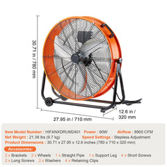 Drum Fan 24 In High Velocity Industrial Infinitely Variable Speed 7935CFM