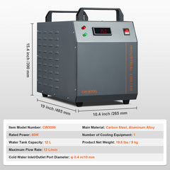 Industrial Water Chiller, CW-3000, 80W Air-Cooled Industrial Water Cooler Cooling System with 12 L Water Tank Capacity 12 L/min Maximum Flow Rate, for Laser Engraving Machine Cooling Machine