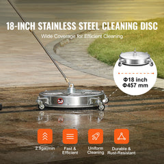 18" Pressure Washer Surface Cleaner w/ Wheels, Stainless Steel Concrete Cleaner 4000 Max PSI , 1/4" Quick-Connect Connector w/ 2 Extension Wand, Heavy Duty Power Washer For Floor Driveway, Patio