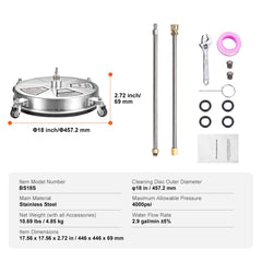 18" Pressure Washer Surface Cleaner w/ Wheels, Stainless Steel Concrete Cleaner 4000 Max PSI , 1/4" Quick-Connect Connector w/ 2 Extension Wand, Heavy Duty Power Washer For Floor Driveway, Patio