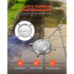 24" Pressure Washer Surface Cleaner, Stainless Steel Pressure Washer Attachments with 4 Wheels, 4000 Max PSI, 3/8 Quick Connector, 2 Spray Nozzles, Dual Handle, for Concrete, Patio, Sidewalk