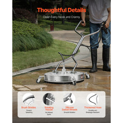 24" Pressure Washer Surface Cleaner, Stainless Steel Pressure Washer Attachments with 4 Wheels, 4000 Max PSI, 3/8 Quick Connector, 2 Spray Nozzles, Dual Handle, for Concrete, Patio, Sidewalk