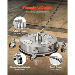 14" Pressure Washer Surface Cleaner, Stainless Steel Pressure Washer Attachments with 4 Wheels, 4000 Max PSI, 1/4 Quick Connector, 2 Spray Nozzles, 2 Extended Wands for Concrete, Patio, Deck