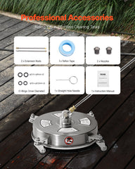 14" Pressure Washer Surface Cleaner, Stainless Steel Pressure Washer Attachments with 4 Wheels, 4000 Max PSI, 1/4 Quick Connector, 2 Spray Nozzles, 2 Extended Wands for Concrete, Patio, Deck