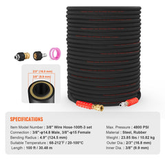 Pressure Washer Hose, 100FT, Kink Free 3/8"-φ14.8 Male, 3/8"-φ15 Female For Most Brand Pressure Washers, 4.9'' Bending Radius, 4800 PSI Heavy Duty Power Washer Extension Replacement Hose