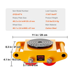4PCS Machinery Skate Dolly, 17637LBS/8T Industrial Machinery Mover, Heavy Duty Carbon Steel Machinery Moving Skate with 4 PU Wheels and 360° Rotation Non-Slip Cap for Warehouse Workshop Factory