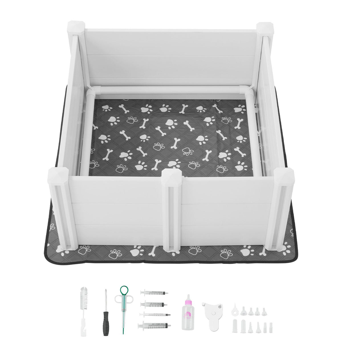Dogs Whelping Box, 980 x 980 x 460 mm, Plastic PVC Puppies Playpen with Height Adjustable Door and Washable Pee Pad, Anti-Deformation Indoor Puppy Play Pen for Medium Breed Dogs, Milk White