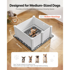 Dogs Whelping Box, 980 x 980 x 460 mm, Plastic PVC Puppies Playpen with Height Adjustable Door and Washable Pee Pad, Anti-Deformation Indoor Puppy Play Pen for Medium Breed Dogs, Milk White