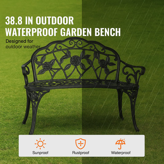 Outdoor Bench, 38.8 inches Metal Garden Bench for Outdoors, 480 lbs Load Capacity Bench, Outdoor Garden Park Bench with Backrest and Armrests, Patio Bench for Garden, Park, Yard, Front Porch