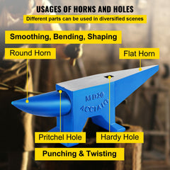Single Horn Steel Anvil 44 lb with Round and Square Holes for Blacksmithing