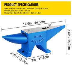 Single Horn Steel Anvil 44 lb with Round and Square Holes for Blacksmithing