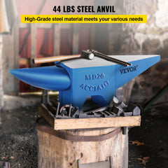 Single Horn Steel Anvil 44 lb with Round and Square Holes for Blacksmithing