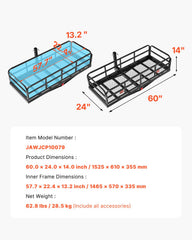 60" x 24" x 14", Hitch Cargo Carrier, 500 lbs Capacity Hitch Cargo Carrier with Anti-Rattle Hitch Stabilizer, Folding Hitch Mount Cargo Carrier with Pins and Latches, Fit for SUVs/Pickup Trucks