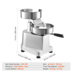 Commercial Burger Patty Maker, 150mm Hamburger Beef Patty Maker, Heavy Duty Food-Grade Stainless Steel Bowl Burger Press Machine, Kitchen Meat Forming Processor with 1000 Pcs Patty Papers