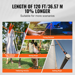 Double Braided Polyester Rope, 12.7 mm x 36.57 m, 48 Strands, 35.58kN Breaking Strength Outdoor Climbing Rope, Arborist Rigging Rope for Rock Hiking Camping Swing Rappelling Rescue, Orange/Black