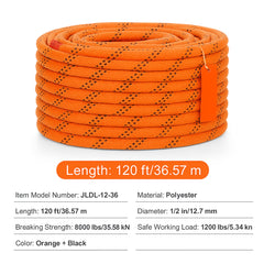 Double Braided Polyester Rope, 12.7 mm x 36.57 m, 48 Strands, 35.58kN Breaking Strength Outdoor Climbing Rope, Arborist Rigging Rope for Rock Hiking Camping Swing Rappelling Rescue, Orange/Black