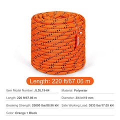 Double Braided Polyester Rope, 19 mm x 67.06 m, 24 Strands, 88.96kN Breaking Strength Outdoor Climbing Rope, Arborist Rigging Rope for Rock Hiking Camping Swing Rappelling Rescue, Orange/Black