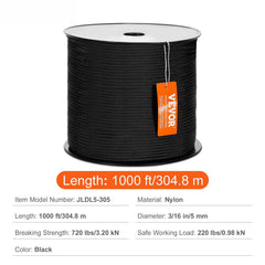 Braided Nylon Rope, 5 mm x 304.8 m, 32 Strands, 3.20kN Breaking Strength Outdoor Climbing Rope, Arborist Tree Climbing Rigging Rope Ideal for Rock Hiking Camping Swing Rappelling Rescue, Black