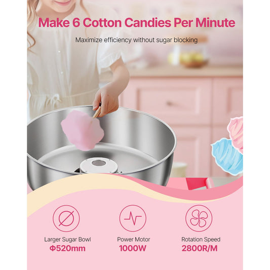 Electric Cotton Candy Machine with Cart, 1000W Commercial Candy Floss Maker with 52cm in Stainless Steel Bowl, Sugar Scoop, and Drawer, Easy to Use, for Home, Kids Birthday, Family Party, Pink