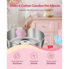 Electric Cotton Candy Machine with Cart, 1000W Commercial Candy Floss Maker with 52cm in Stainless Steel Bowl, Sugar Scoop, and Drawer, Easy to Use, for Home, Kids Birthday, Family Party, Pink
