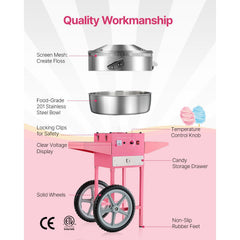 Electric Cotton Candy Machine with Cart, 1000W Commercial Candy Floss Maker with 52cm in Stainless Steel Bowl, Sugar Scoop, and Drawer, Easy to Use, for Home, Kids Birthday, Family Party, Pink