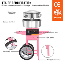 Commercial Cotton Candy Machine with Cart Sugar Floss Maker 1000W Party