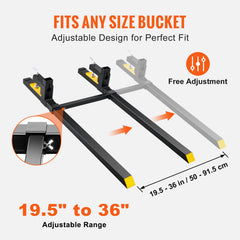 Pallet Forks, 907 kg Tractor Bucket Forks, 1490 mm Total Length Clamp on Pallet Forks with Adjustable Stabilizer bar, Heavy Duty Pallet Forks for Tractor Attachments, Skid Steer, Loader Bucket