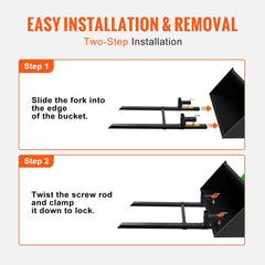 Pallet Forks, 907 kg Tractor Bucket Forks, 1490 mm Total Length Clamp on Pallet Forks with Adjustable Stabilizer bar, Heavy Duty Pallet Forks for Tractor Attachments, Skid Steer, Loader Bucket