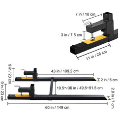 Pallet Forks, 907 kg Tractor Bucket Forks, 1490 mm Total Length Clamp on Pallet Forks with Adjustable Stabilizer bar, Heavy Duty Pallet Forks for Tractor Attachments, Skid Steer, Loader Bucket