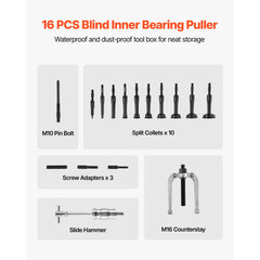 Blind Hole Bearing Puller Set, 16-in-1 Inner Bearing Race and Seal Extractor Kit, 16 PCS Slide Hammer Pilot Insert Inner Internal Bearing Removal Tool Set with 10 Split Collets and Counterstay