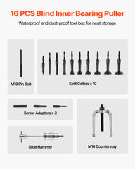 Blind Hole Bearing Puller Set, 16-in-1 Inner Bearing Race and Seal Extractor Kit, 16 PCS Slide Hammer Pilot Insert Inner Internal Bearing Removal Tool Set with 10 Split Collets and Counterstay