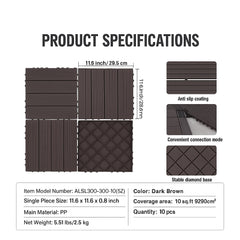 Interlocking Deck Tiles, 10 Pack,12"x12" 10 sq. ft Plastic Waterproof Outdoor Flooring All Weather Use, Patio Floor Decking Covering Tiles for Porch Poolside Balcony Backyard, Dark Brown