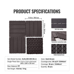Interlocking Deck Tiles, 36 Pack,11.6"x11.6" 36 sq. ft Plastic Waterproof Outdoor Flooring All Weather Use, Patio Floor Decking Covering Tiles for Porch Poolside Balcony Backyard, Dark Brown