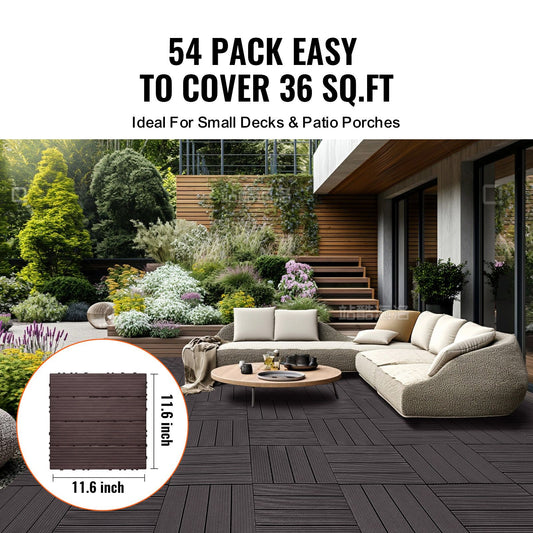 Interlocking Deck Tiles 54 Pack 12"x12" Waterproof for Porch Dark Brown