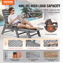 Outdoor Chaise Lounge Chair 6 Positions Reclining Patio Bench Lounger Gray