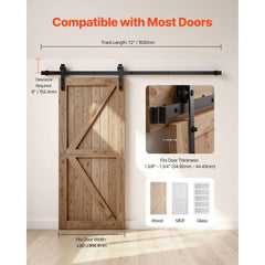 1830 mm Sliding Barn Door Hardware Kit for Single Sliding Barn Door Black