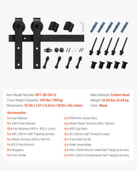 1830 mm Sliding Barn Door Hardware Kit for Single Sliding Barn Door Black