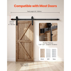 1500 mm Sliding Barn Door Hardware Kit for Single Sliding Barn Door Black