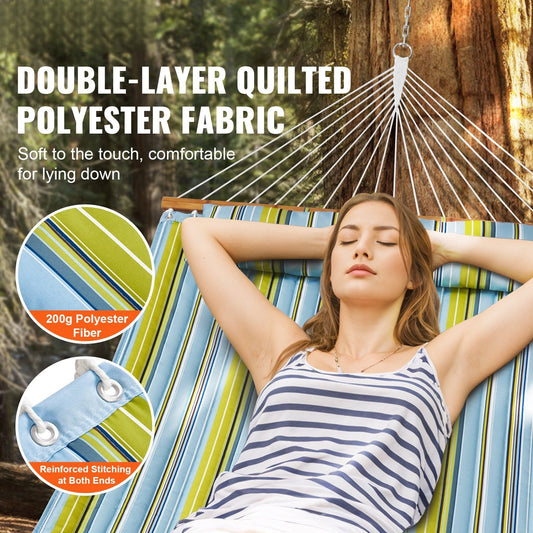 Double Quilted Fabric Hammock, 12 FT Double Hammock with Hardwood Spreader Bars, 2 Person Quilted Hammock with Detachable Pillow and Chains for Camping Outdoor Patio Yard Beach, 480 lbs Capacity