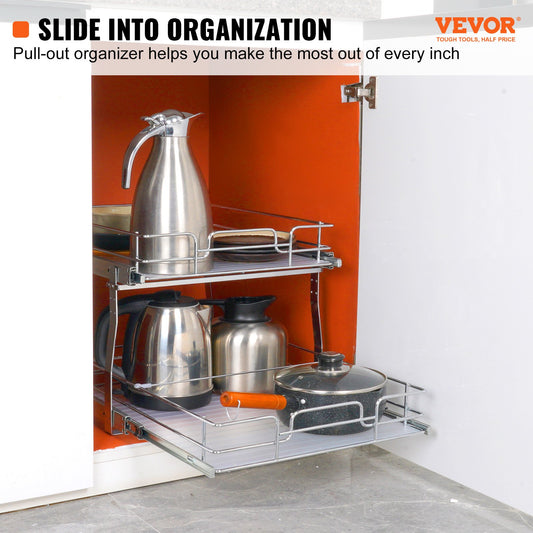 2 Tier 20"Wx21"Dx15"H Pull Out Cabinet Organizer, Heavy Duty Slide Out Pantry Shelves, Steel Roll Out Drawers, Sliding Drawer Storage for Home, 21.5"Wx22"Dx18"H Install Size for Cabinet