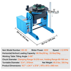 Rotary Welding Positioner 30KG, 0-90° Welding Positioning Turntable Table 1-12RPM 80W, with 12.4 Inch 3-Jaw Lathe Chuck & Welding Torch Stand Holder for Cutting, Grinding, Assembly, Testing