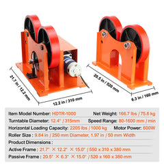 Turning Rolls Linkage Roller, 1000KG/2205LBS Loading Welding Turning Roll, 25-1400mm Diameter, 80-1600 mm/min Rotary Welding Positioner & Welding Torch Stand for Welding Equipment Support