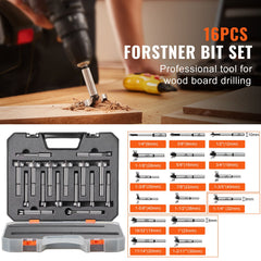 Forstner Bit Set, 16 Pcs Forstner Drill Bits Set, 1/4" to 1-5/8", Carbon Steel, with Universal Round Shank, Forstner Drill Bit for Wood and Composite Board, Forstner Bits for Woodworking