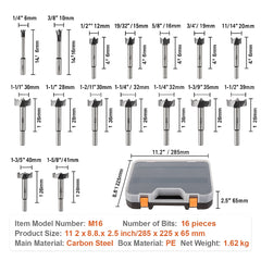 Forstner Bit Set, 16 Pcs Forstner Drill Bits Set, 1/4" to 1-5/8", Carbon Steel, with Universal Round Shank, Forstner Drill Bit for Wood and Composite Board, Forstner Bits for Woodworking